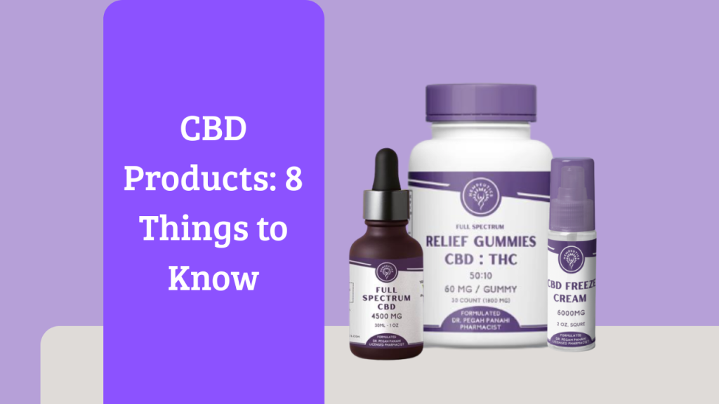Illustration showing 8 things to know about buying CBD products.