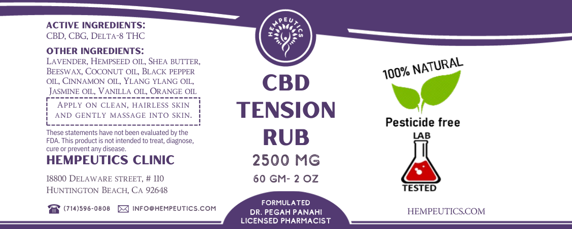 Label for CBD tension rub 2500 mg.