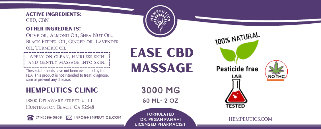 Label for ease CBD massage topical 3000 mg.