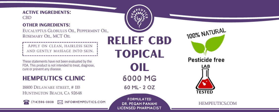 Label for Relief CBD Topical Oil 6000 mg.